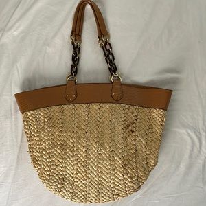 Tan Leather and raffia straw beach/pool tote